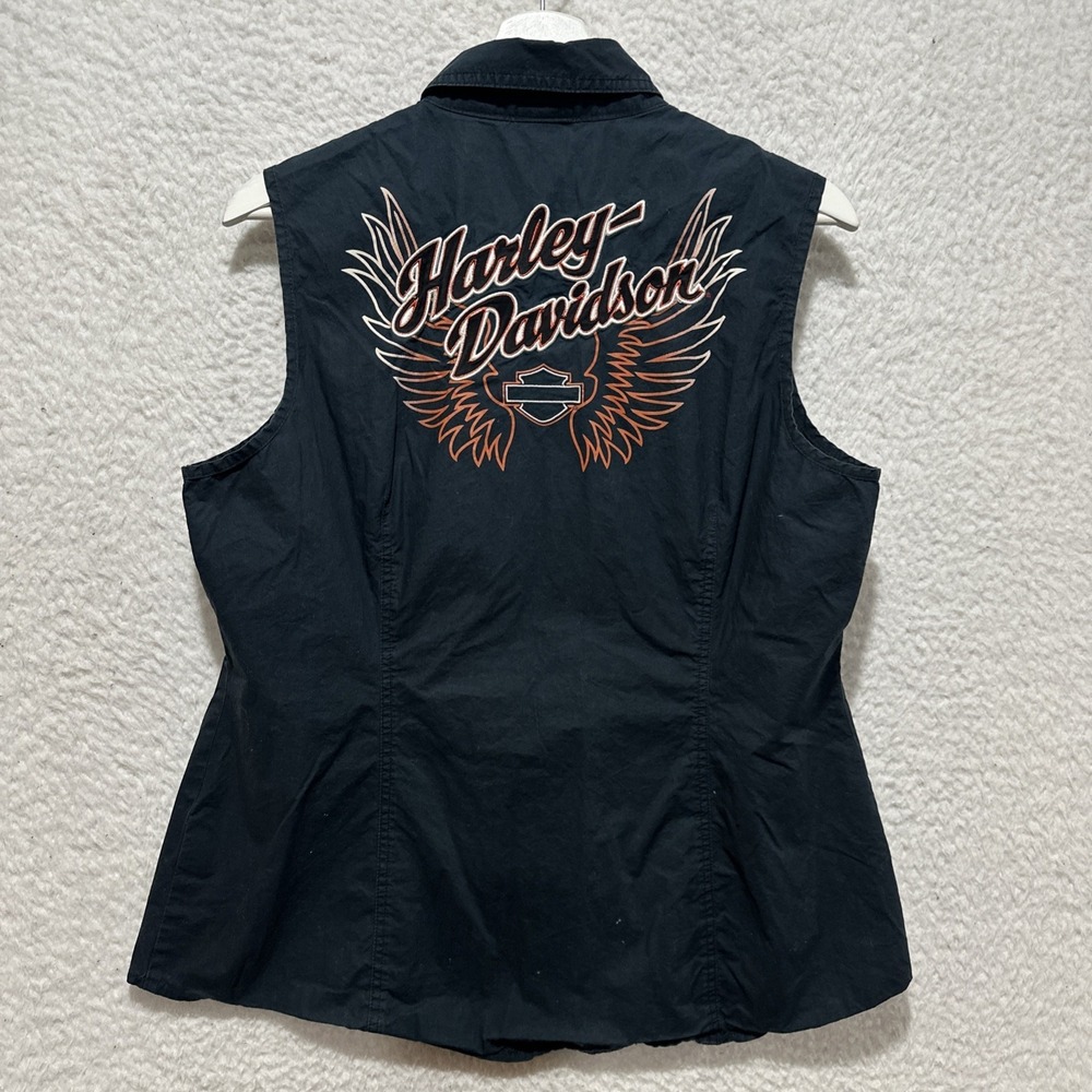 Harley Davidson Women's Size XL Black Sleeveless Snap Button Down‎ Fitted Tank